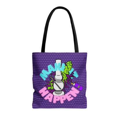 The Make It Happen Cannabis Tote Bag is a purple tote bag with black handles