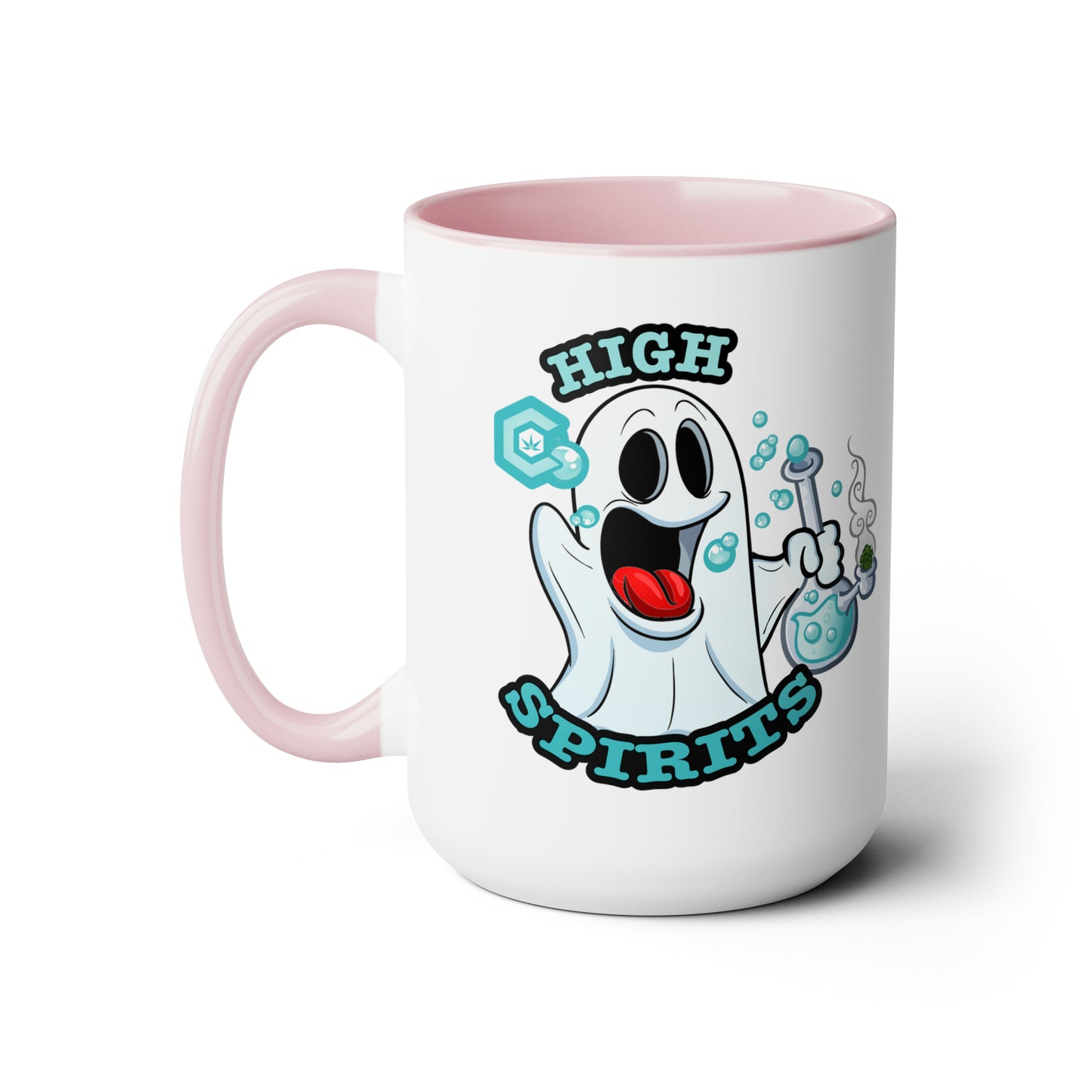 Pink Mock up High Spirits Ghost with Bong 15oz Coffee Mug side 1