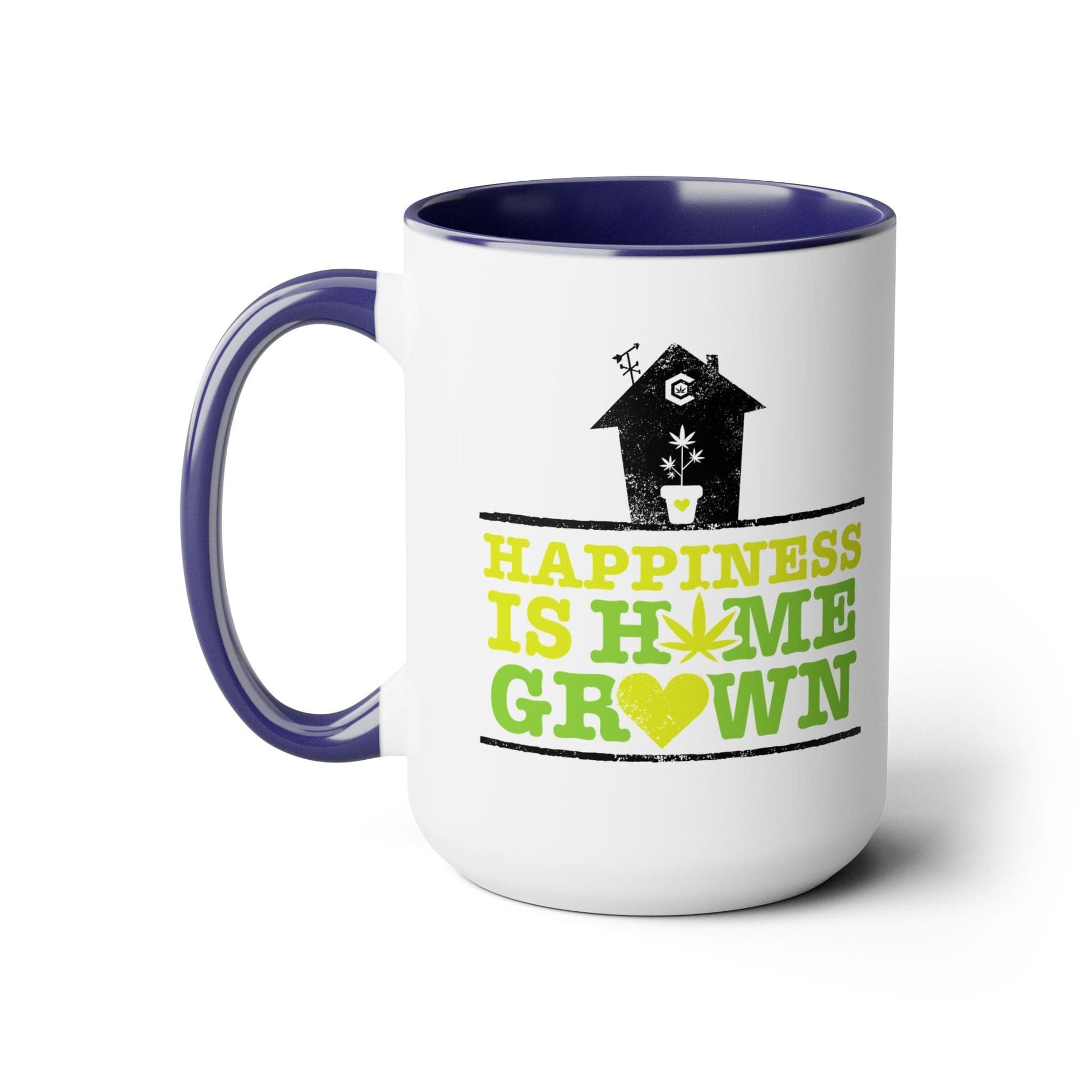 The "Happiness Is Homegrown Weed Coffee Mug" is a white mug featuring a blue handle and interior