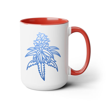 The Blue Dream Cannabis Coffee Mug is a white ceramic mug with a red interior and handle