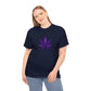 A woman wearing a navy blue Purple Cannabis Leaf Tee, symbolizing marijuana culture.