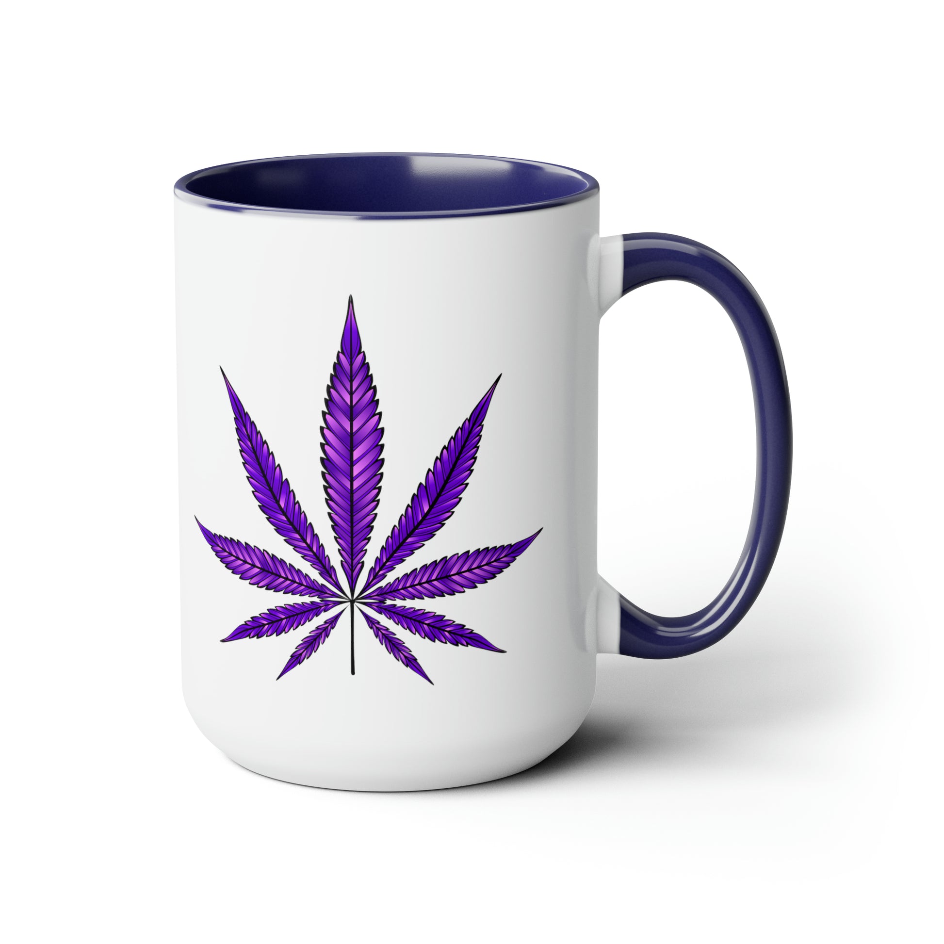 Purple Haze Marijuana Coffee Mug with a Purple Haze Marijuana leaf design on the side, featuring a blue interior and handle, isolated on a white background.