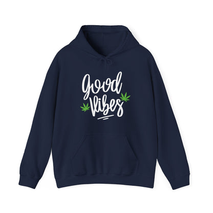 Stay cozy in the Good Vibes Marijuana Leaf Hoodie, featuring "good vibes" in white script and stylish cannabis leaf accents on the front.