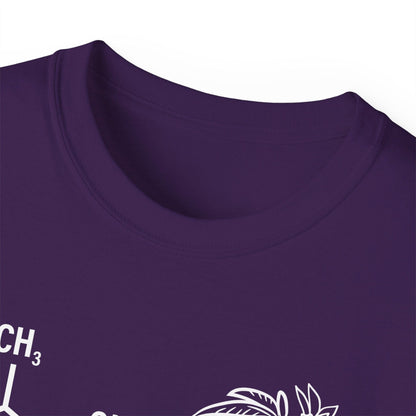 Close-up of the neckline and upper chest area of the Tetrahydrocannabinol (THC) Molecule Weed Shirt in purple