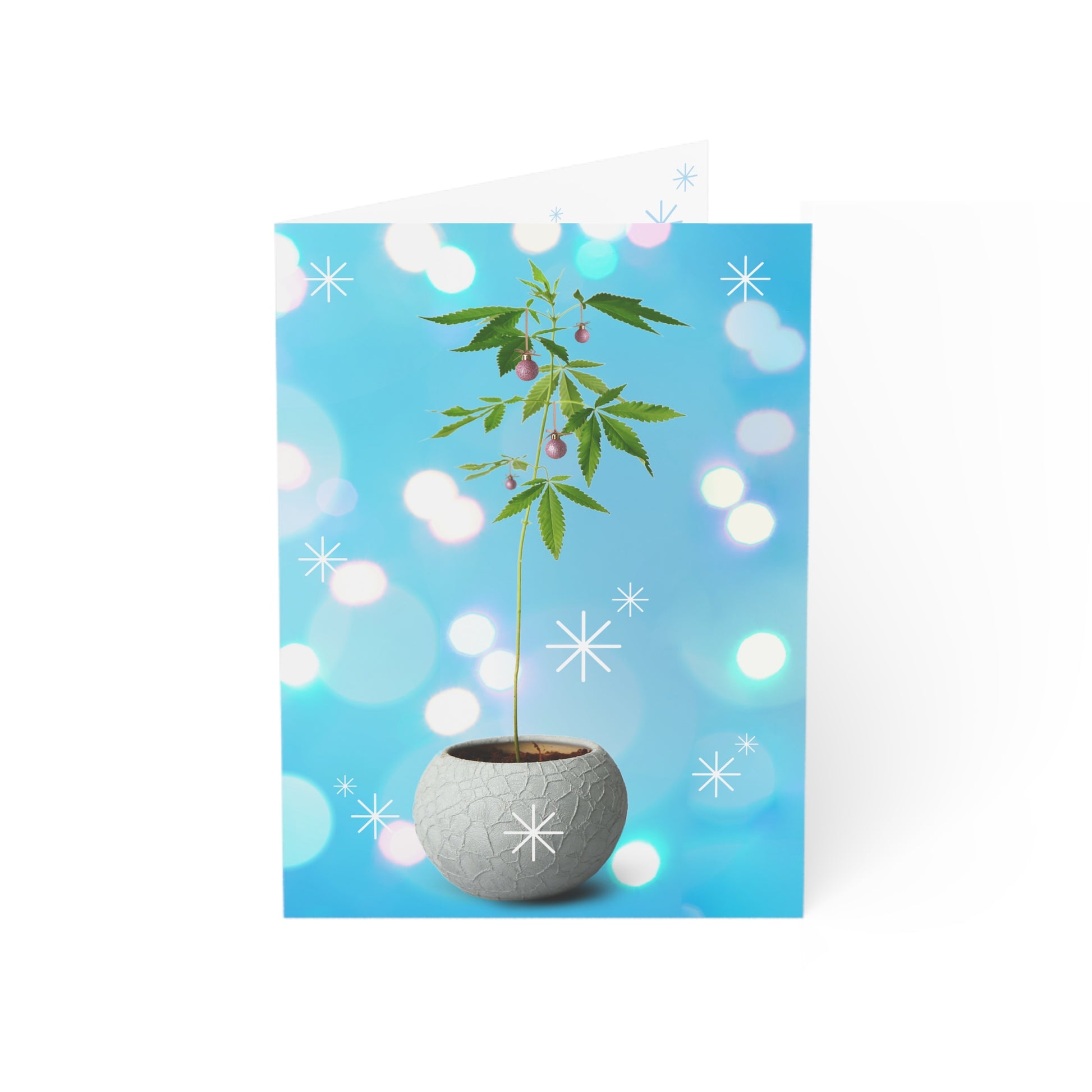 A small Christmas Marijuana plant with visible buds, growing in a spherical ceramic pot, against a bright blue background with white sparkles, ideal for featuring on sustainable paper cards.