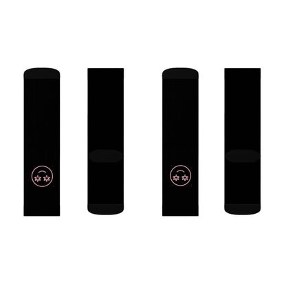 Four black unisex High Stepper Weed Socks are displayed side by side on a white background, with two pairs featuring a small smiling face with star eyes near the top for added style and comfort.