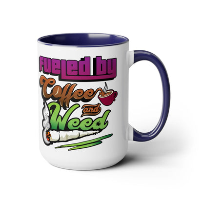 The Fueled by Coffee and Weed 15oz Coffee Mug features a blue interior and handle, with "Fueled by Coffee and Weed" text and coffee cup plus joint graphics—perfect for enjoying your favorite brew.