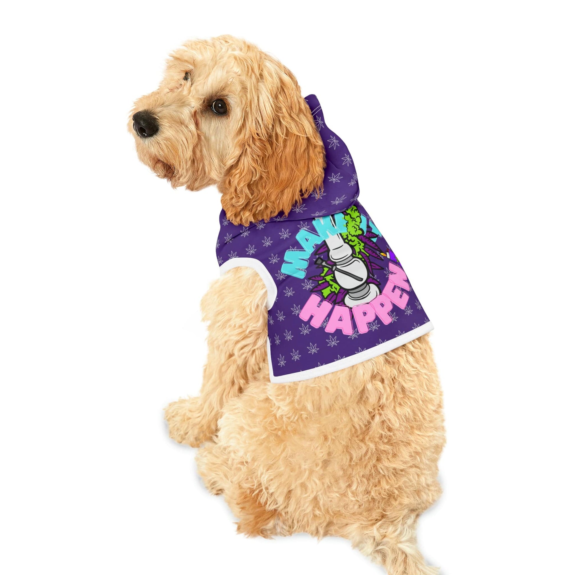 A cherished fluffy dog sports a purple Make It Happen" Cannabis Pet Hoodie