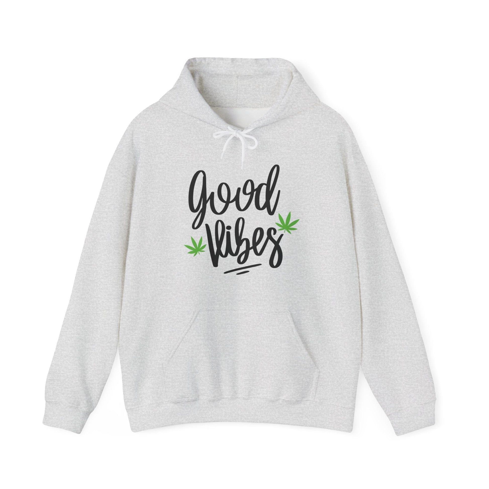 The Good Vibes Marijuana Leaf Hoodie is ultra-comfy, light gray, featuring "good vibes" in black script and two small green marijuana leaf graphics on the front.