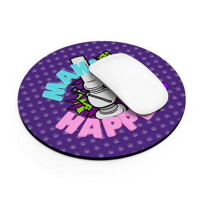 A Make it Happen Cannabis, Bong, and Lighter mouse pad on a round neoprene mouse pad 