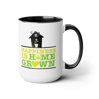 The "Happiness Is Homegrown Weed Coffee Mug" is a white 15oz ceramic mug with a black interior and handle