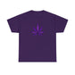 A vibrant Purple Cannabis Leaf Tee with a graphic of a stylized cannabis leaf in a darker purple shade centered on the front, reflecting marijuana culture.