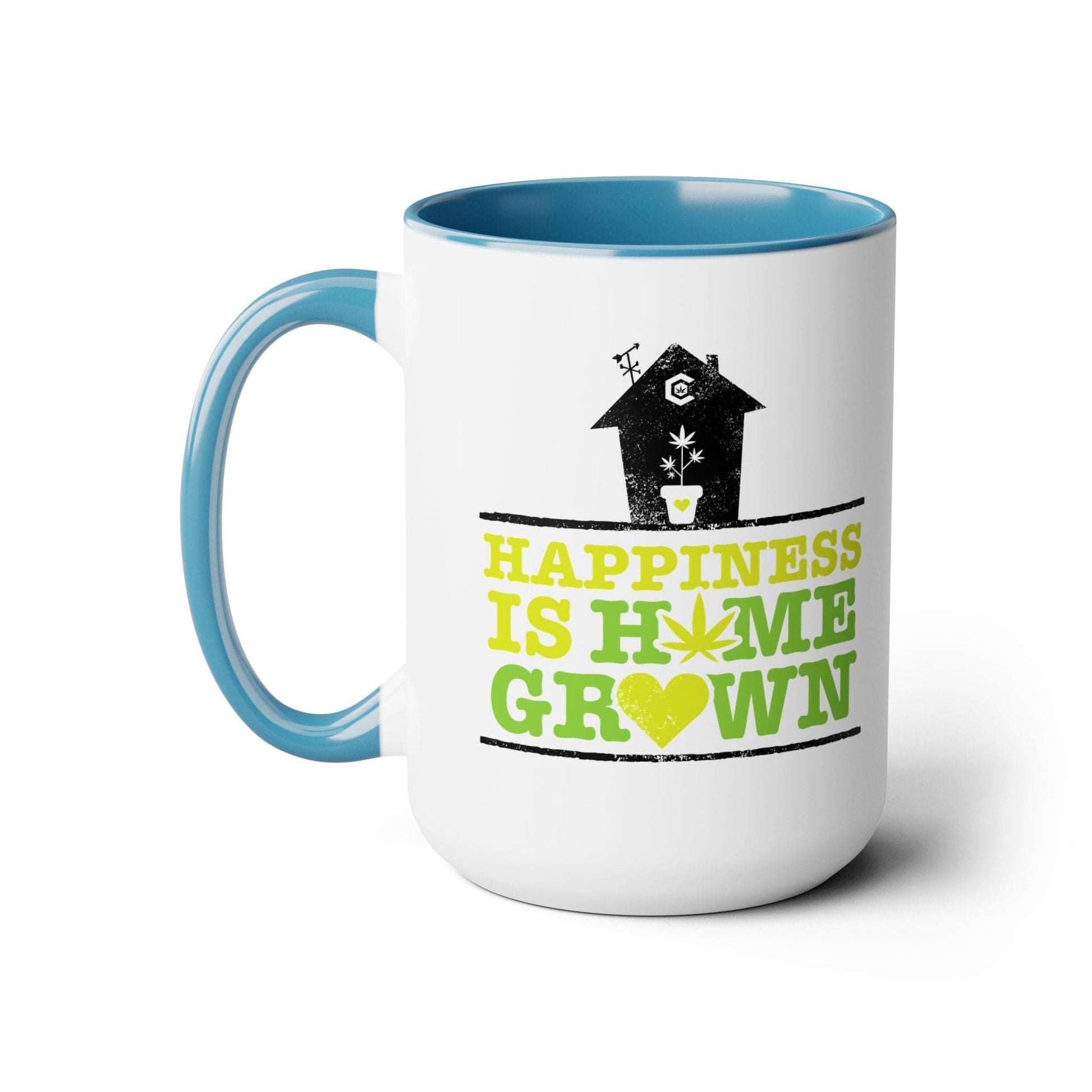 A ceramic mug in white and blue, featuring the text Happiness Is Homegrown Weed Coffee Mug