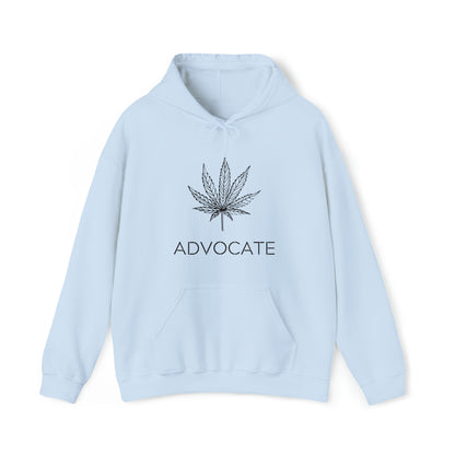 The Elegant Advocate Cannabis Leaf Marijuana Hoodie is a light blue hooded sweatshirt with a marijuana leaf design and the word "Cannabis Advocate" printed on the front, displayed on a white background.