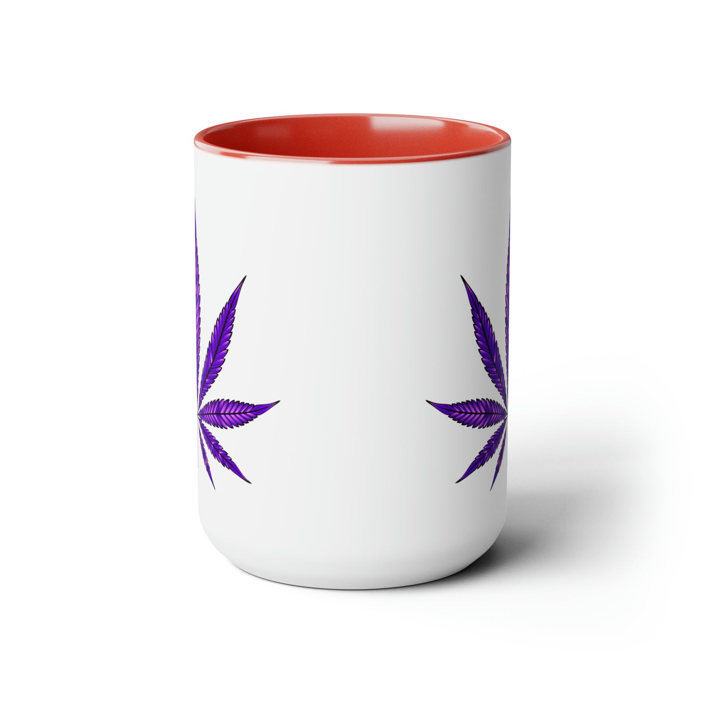 White Purple Haze Marijuana Coffee Mug with a glossy red interior and two Purple Haze Marijuana leaf designs, isolated on a white background.