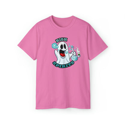 High Spirits Ghost with Bong Weed Shirt featuring a cartoon ghost with a bong design and the text "high spirits", laid flat on a white background.