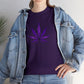 Sentence with Product Name: Woman wearing a Purple Cannabis Leaf Tee, symbolizing marijuana culture, paired with a denim jacket.