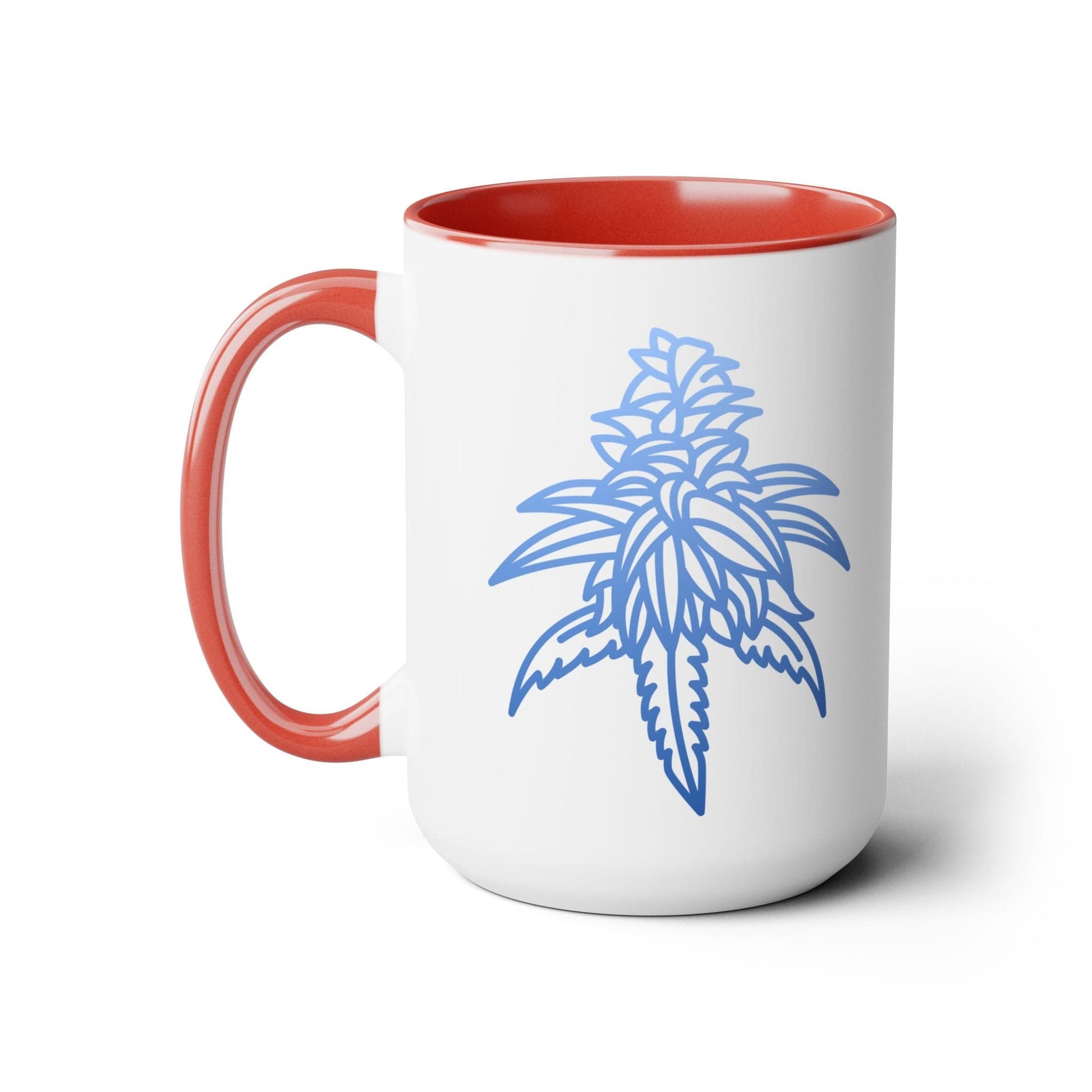 A white mug with a red interior and handle, featuring a blue line drawing of a cannabis plant 