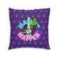 A purple Make It Happen Cannabis tufted floor pillow featuring a graphic of a spray paint can and paint splatter with the phrase "make it happen" in stylized text surrounded by white stars.