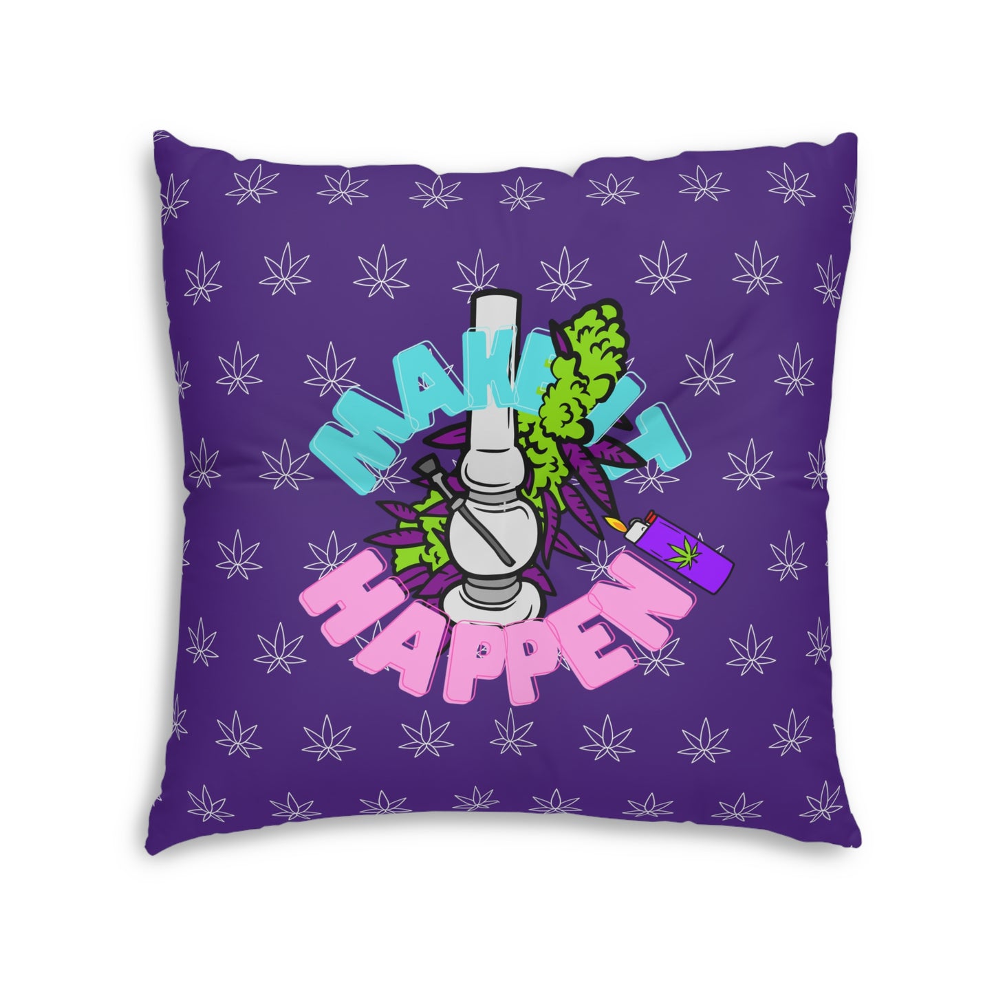 A purple Make It Happen Cannabis tufted floor pillow featuring a graphic of a spray paint can and paint splatter with the phrase "make it happen" in stylized text surrounded by white stars.