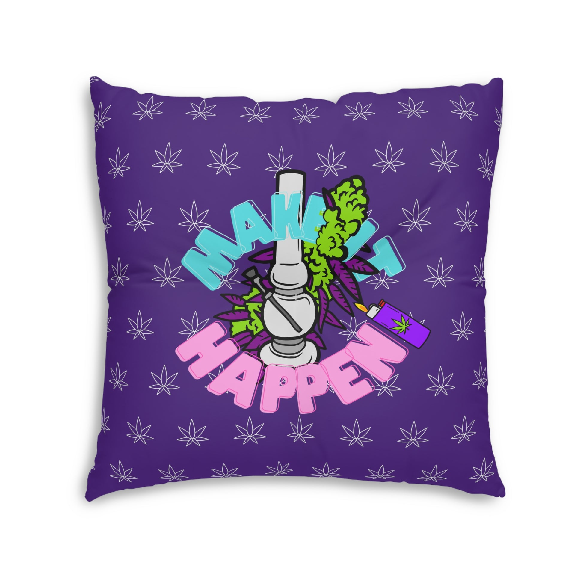 A purple Make It Happen Cannabis tufted floor pillow featuring a graphic of a spray paint 