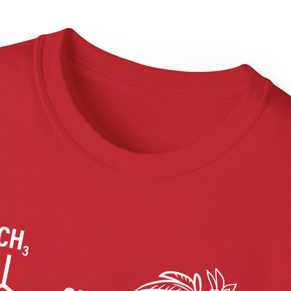 Close-up of the neckline of a red Tetrahydrocannabinol (THC) Molecule Weed Shirt