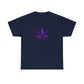 Navy blue tee with a vibrant Purple Cannabis Leaf Tee design, celebrating marijuana culture.
