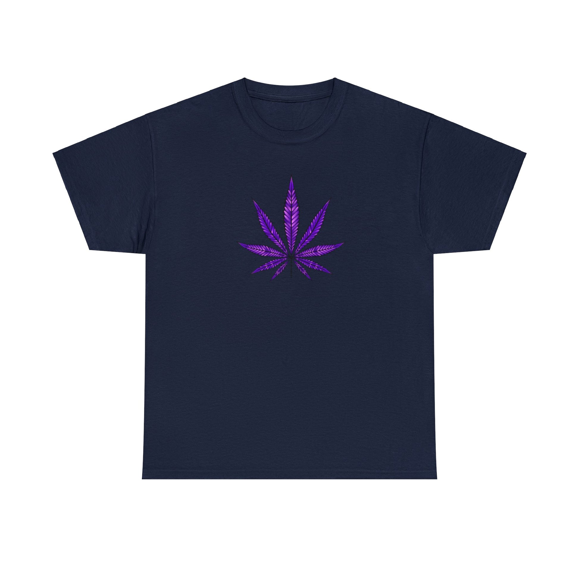 Navy blue tee with a vibrant Purple Cannabis Leaf Tee design, celebrating marijuana culture.