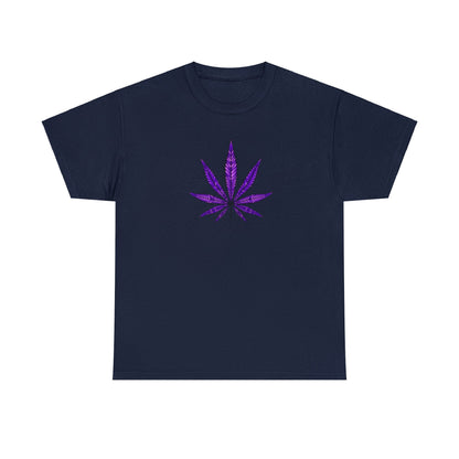 Navy blue tee with a vibrant Purple Cannabis Leaf Tee design, celebrating marijuana culture.