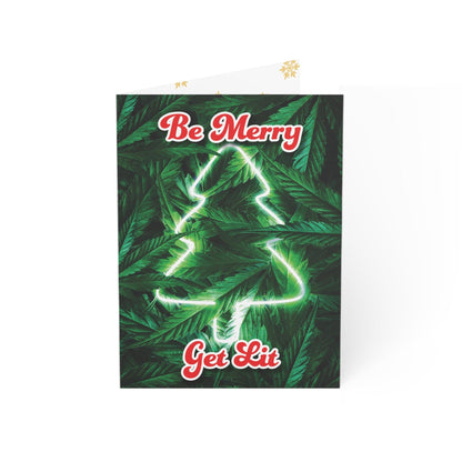 Be Merry Get Lit Merry Happy Holiday Cannabis Leaves Neon Christmas Tree Christmas Greeting Card