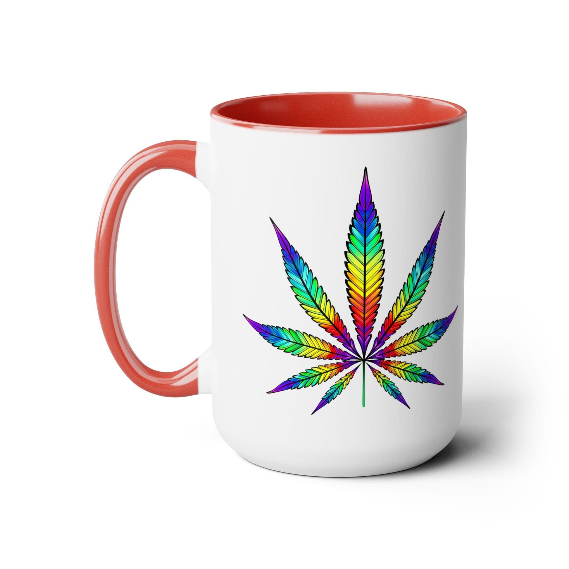 The Vibrant Rainbow Cannabis Mug is a white mug with an orange interior and handle