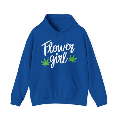 The Flower Girl Pot Leaf Hoodie is an ultra-soft blue hoodie featuring "Flower Girl" in white script with two green pot leaves—perfect for showing your canna pride.