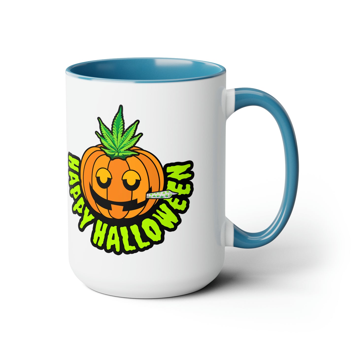 Light Blue  Happy Halloween Pumpkin Stoner 15oz Coffee Mug Side 3