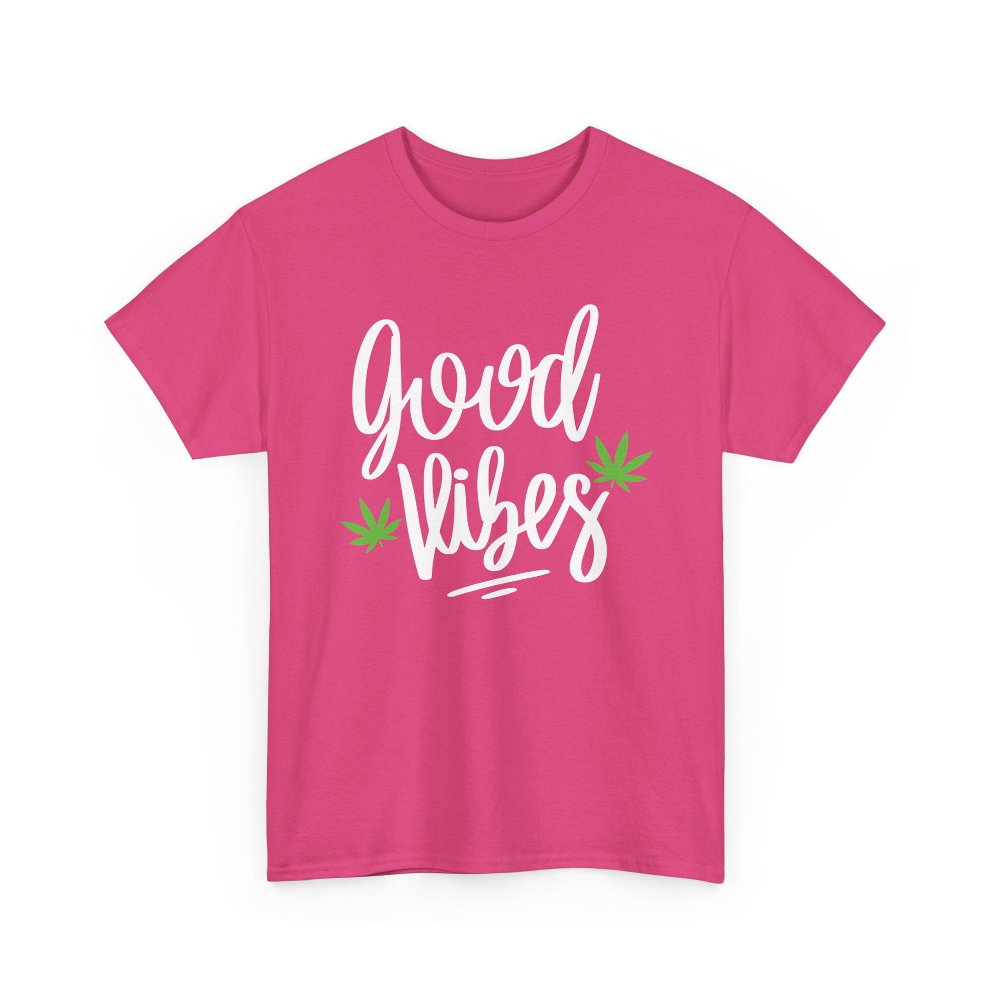 The Good Vibes Marijuana Leaf T-Shirt displays “good vibes” in white script with two green cannabis leaves—ideal for plant lovers who radiate positivity.