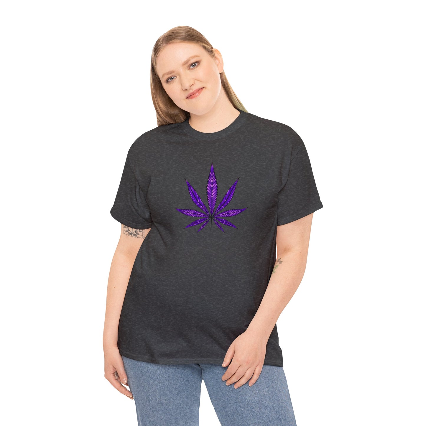 A woman wearing a vibrant Purple Cannabis Leaf Tee.