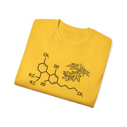 A folded Tetrahydrocannabinol (THC) Molecule Weed Shirt in yellow