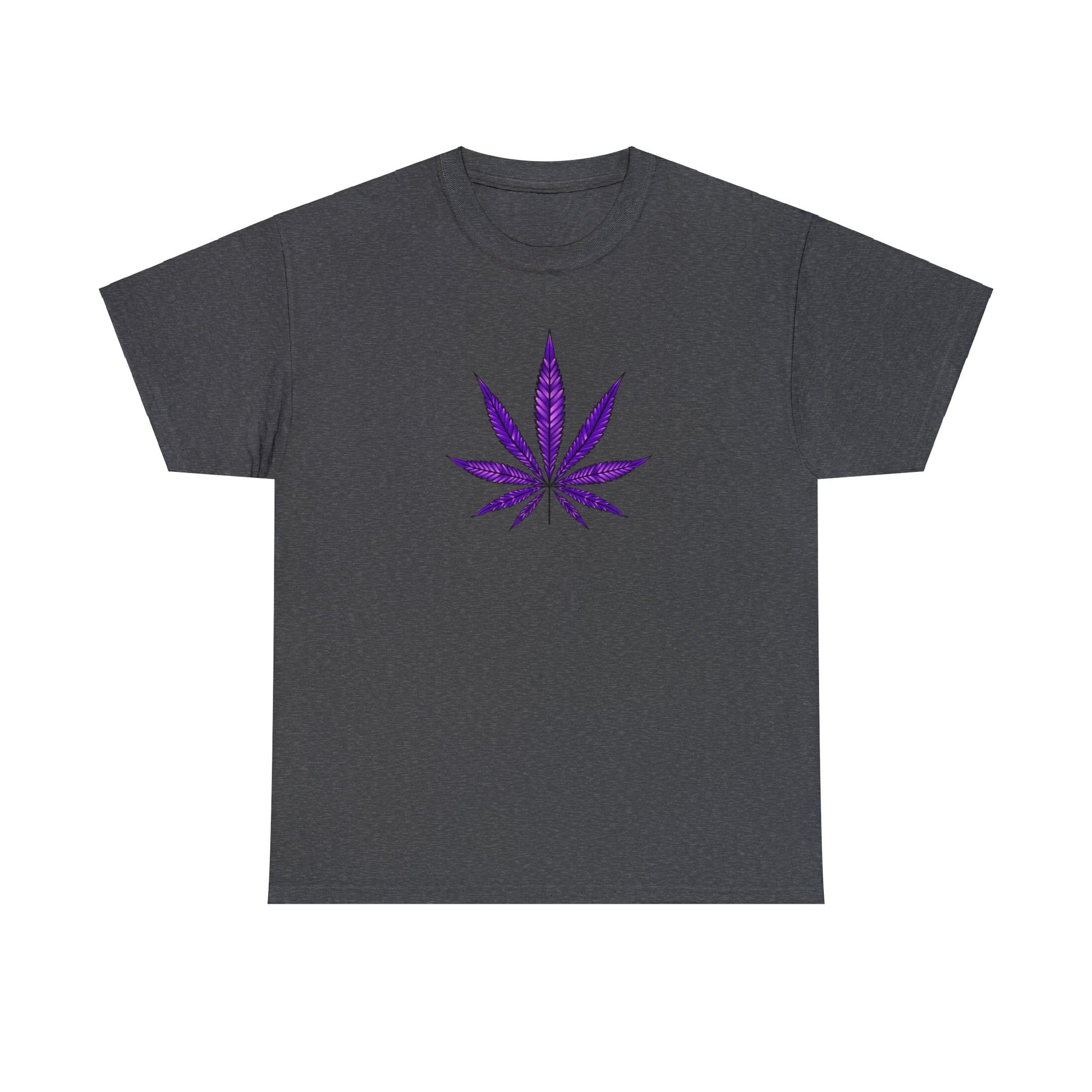 A vibrant gray Purple Cannabis Leaf Tee featuring a purple cannabis leaf graphic on the front, embodying marijuana culture.
