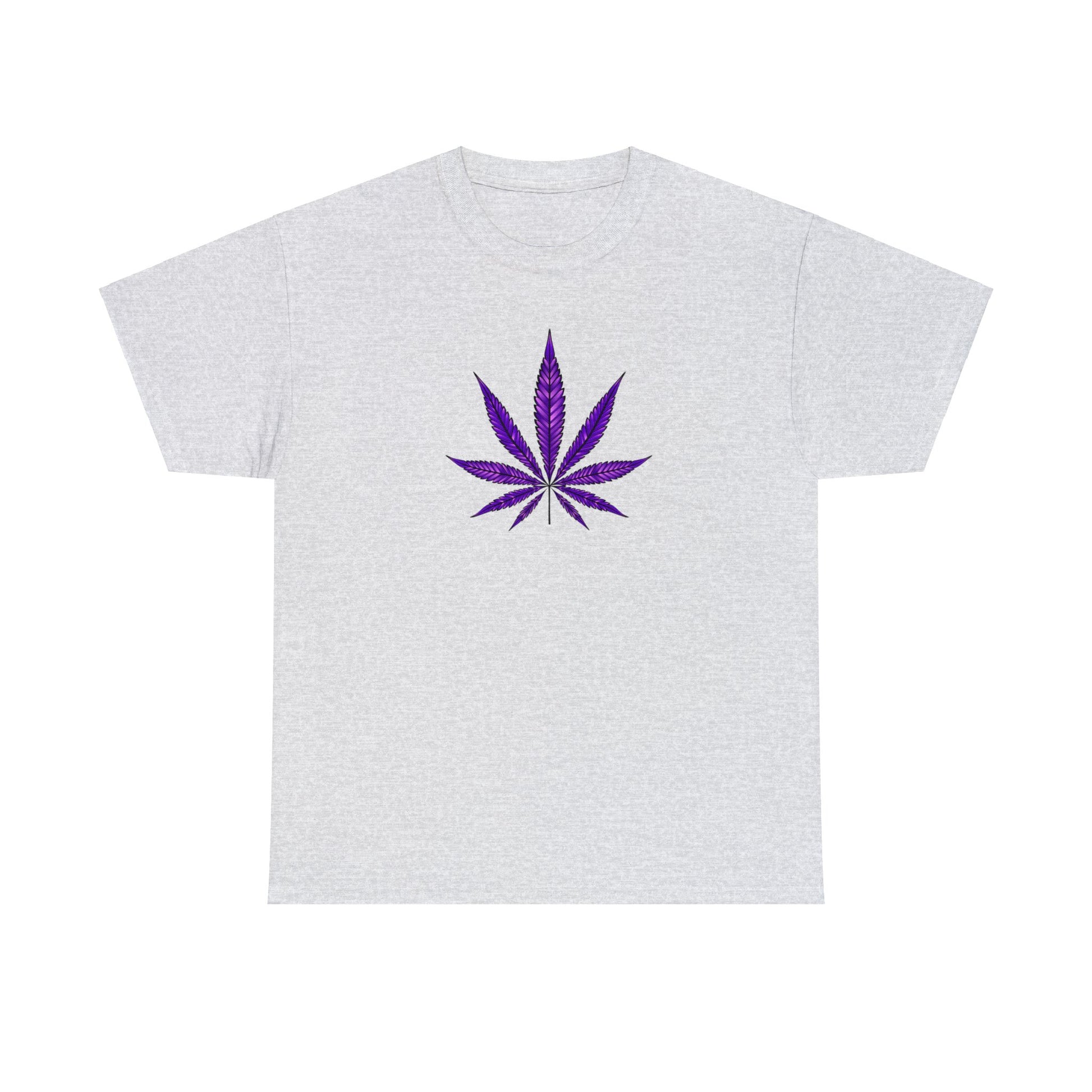 A grey tee with a Purple Cannabis Leaf Tee design on the front.