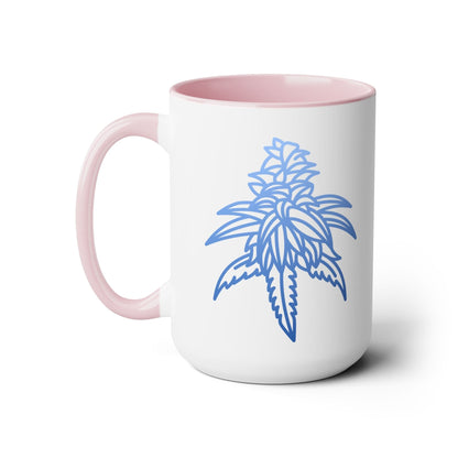 The Blue Dream Cannabis Coffee Mug is a white mug with a pink handle and interior