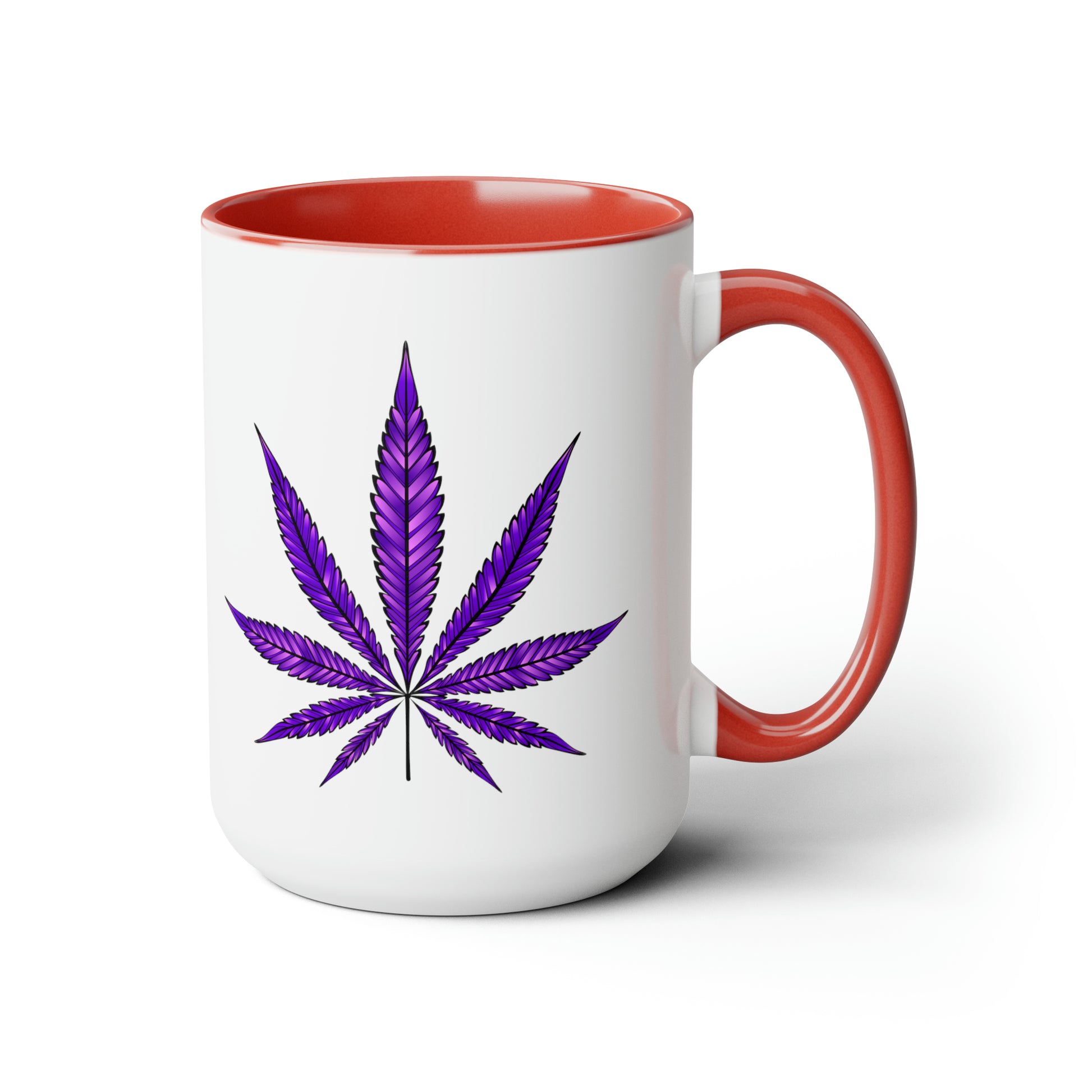 Sentence with replaced product name: Purple Haze Marijuana Coffee Mug with a Purple Haze Marijuana leaf design and a red interior, isolated on a white background.