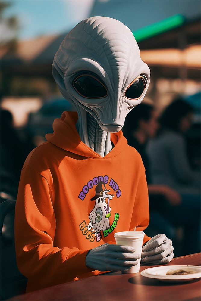 Alien sitting drinking coffee wearing Boong Hits Boos & Buds Hoodie