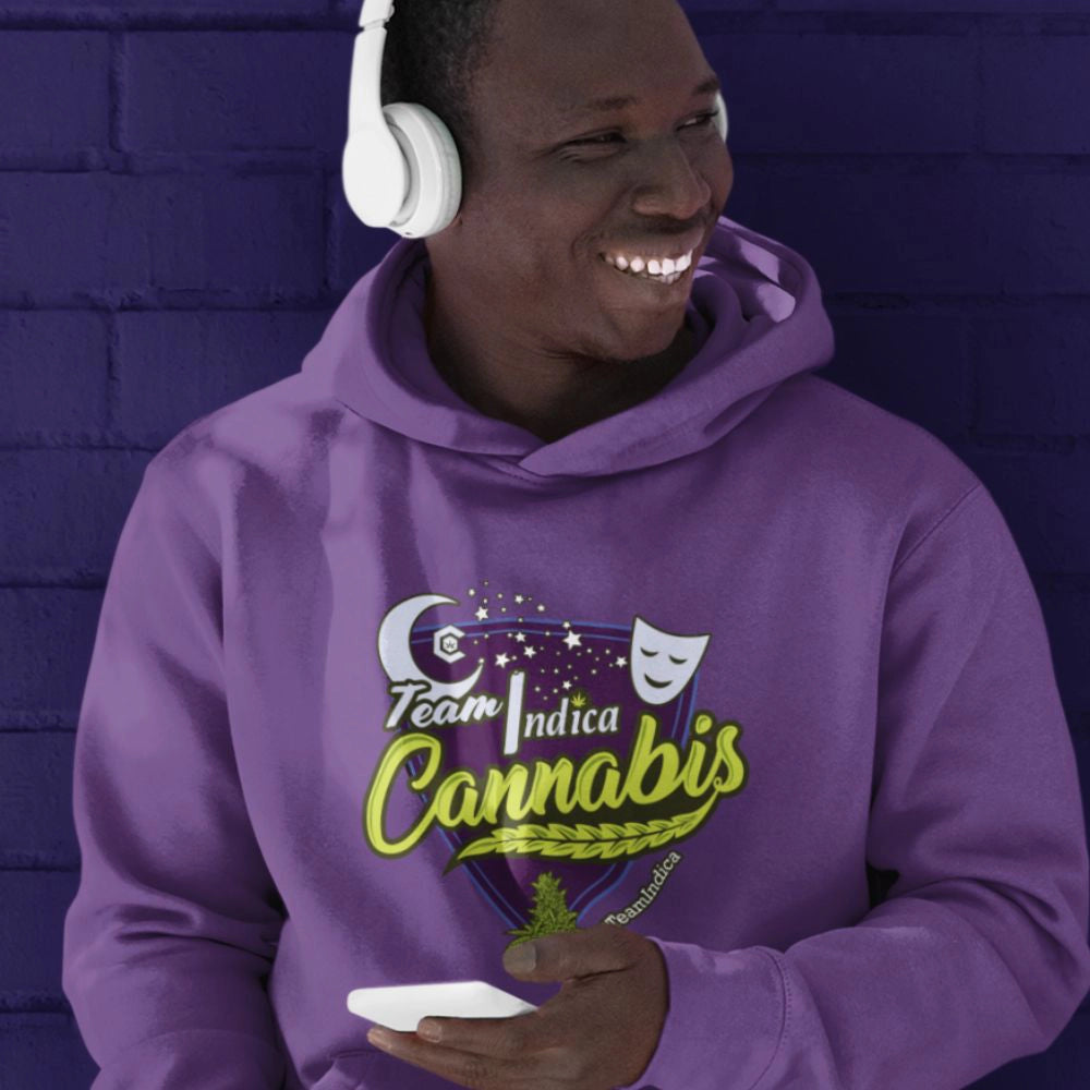 man wearing a Team Indica light purple cannabis hoodie