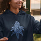 Closeup of young woman wearing a blue dream hoodie