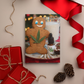 Stoner Holiday card of a Gingerbread Man with a pot leaf next to a tincture, joints, edible and milk surrounded by red ribbon and wrapping paper.