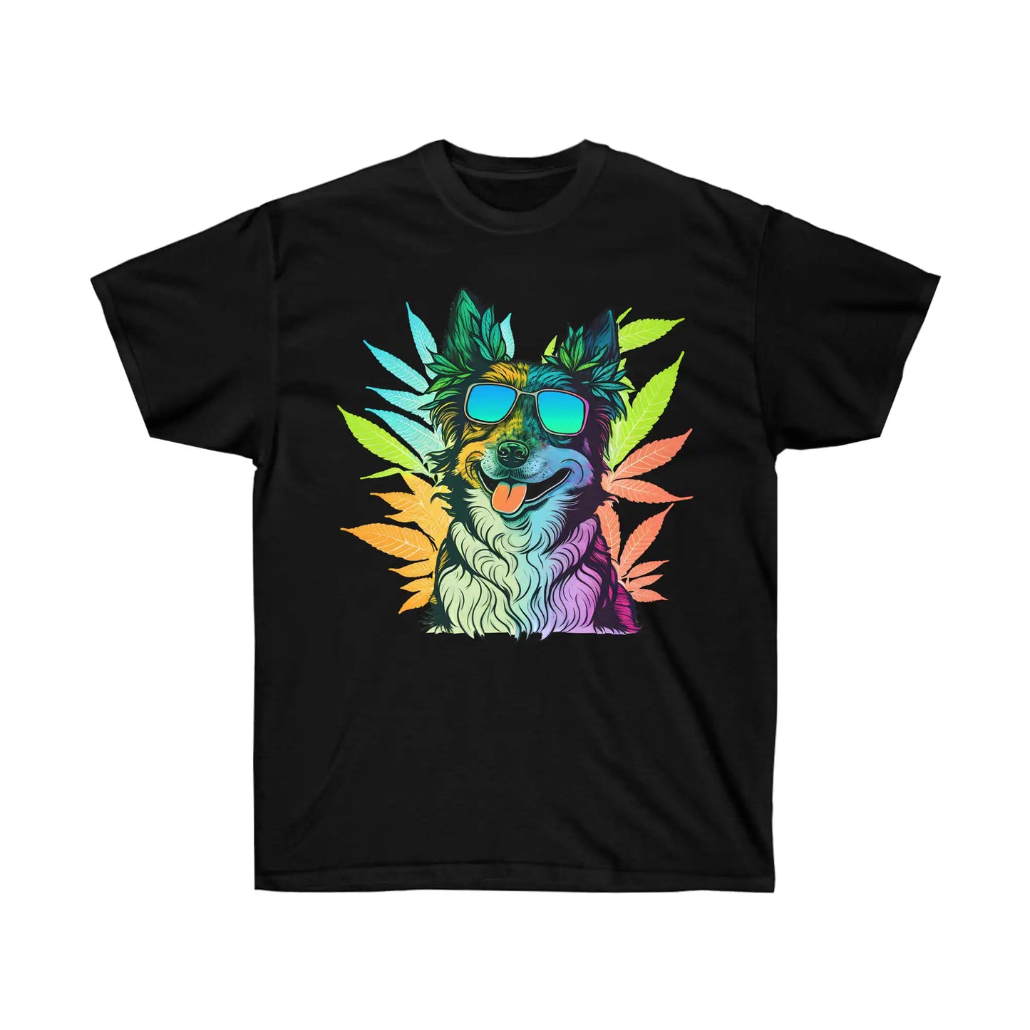 Cool Border Collie with shades surrounded by cannabis on a Black weed t-shirt