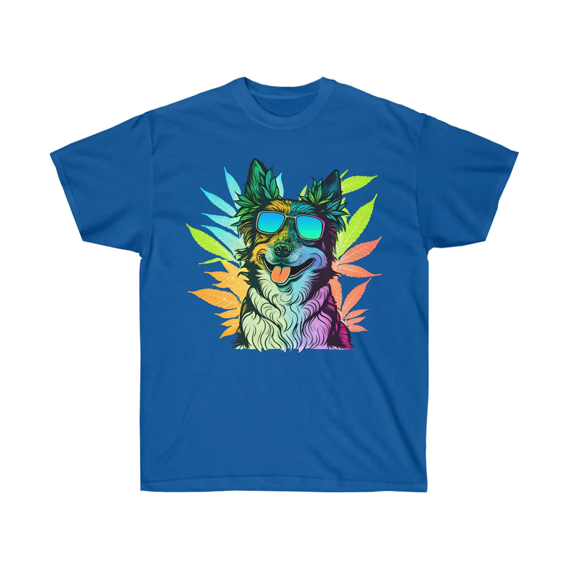 Cool Border Collie with shades surrounded by cannabis on a blue weed t shirt