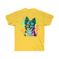 Cool Border Collie with shades surrounded by cannabis on a Daisy Yellow weed t shirt