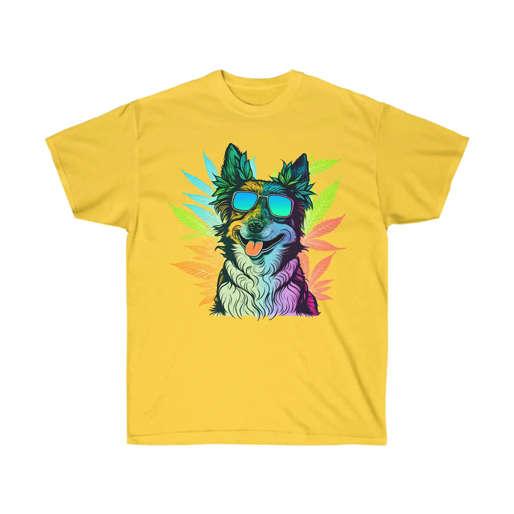 Cool Border Collie with shades surrounded by cannabis on a Daisy Yellow weed t shirt