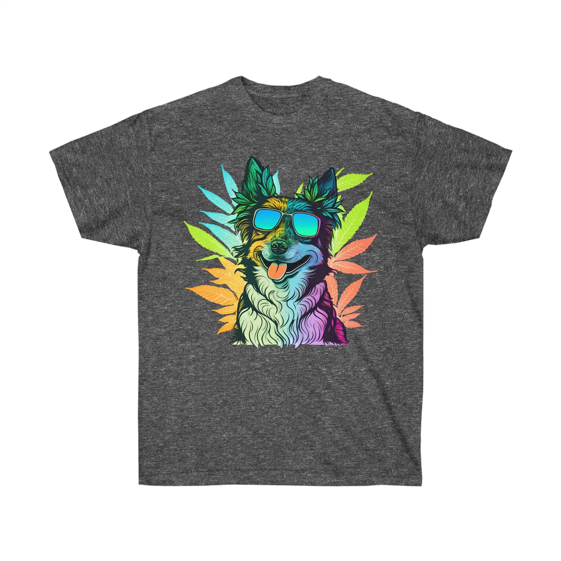 Cool Border Collie with shades surrounded by cannabis on a dark heather gray weed t-shirt