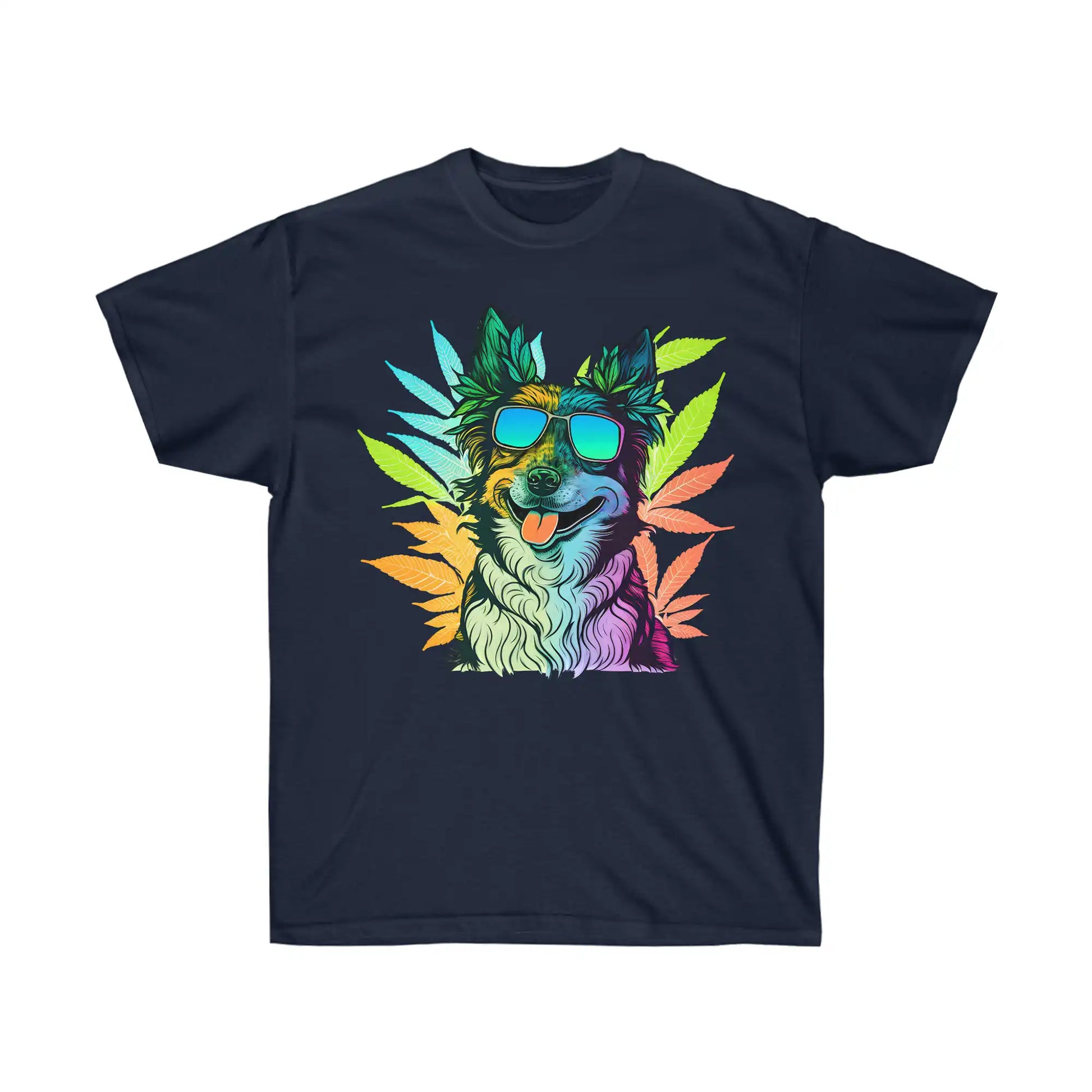 Cool Border Collie with shades surrounded by cannabis on a Navy weed tshirt